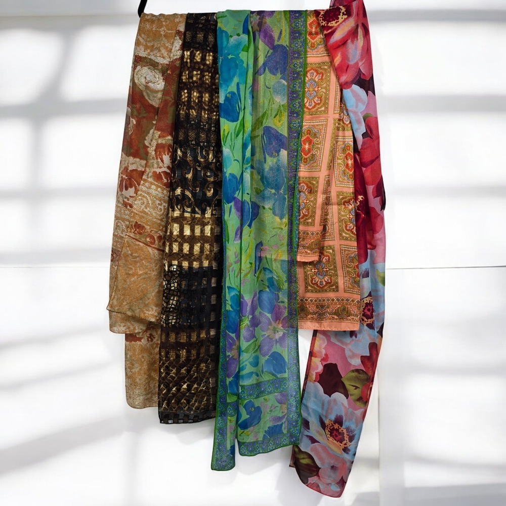Sheer Scarves Lot of 5 Floral Geometric Print Accent Woman Fashion Accessories